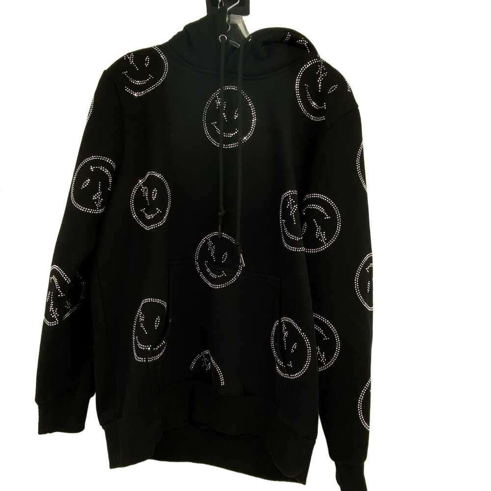 Retrovert Black Sequin Smiley Hoodie | OS Pullover Sweatshirt